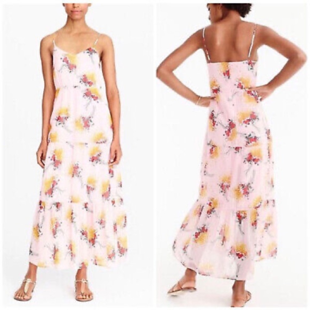 J. Crew Mercantile Pink Sunburst Chiffon Floral Tiered Maxi Dress Womens Size 4